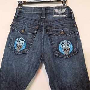Rock & Republic Dark Blue Jeans with Embroidered Skull Pockets Denim size 30 y2k